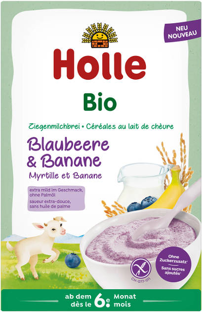 Holle Bio detská čučoriedka / banán mliečna kaša vyrobená z kozieho mlieka od 6. mesiaca