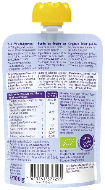 Holle Detské Bio pyré (kapsička) hruška, jablko, čučoriedky a ovos od 6 mesiaca
