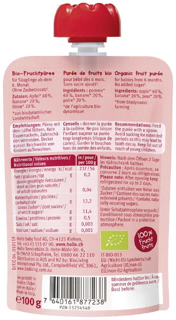 Holle Detské Bio pyré (kapsička) banán, jablko a hruška od 6 mesiaca