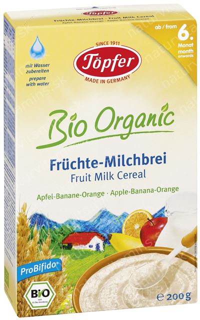 Detská BIO mliečna kaša s ovocím jablko, banán a pomaranč od 6. mesiaca Topfer