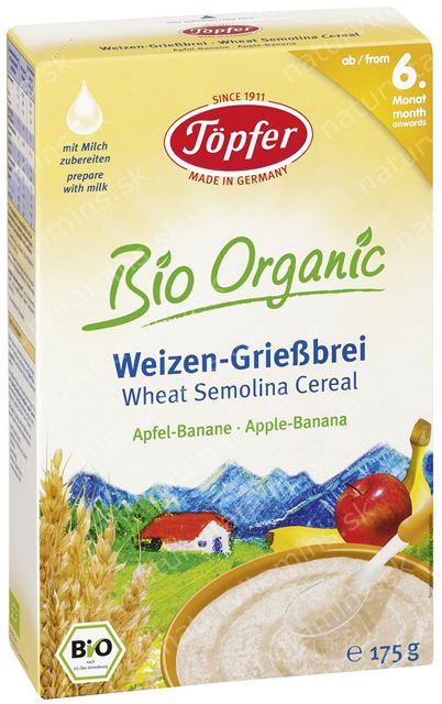 Detská BIO kaša zo semolinovej pšenice s jablkom a banánom od 6. mesiaca Topfer